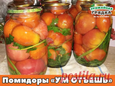 Помидоры «УМ ОТЪЕШЬ» вкуснейший рецепт! 
Способ приготовления: 
У помидоров вырезаем плодонжку и вставляем по зубчику чеснока. Укладываем их в банку, прослаивая веточками сельдерея, петрушки, дольками болгарского перца. 
Добавляем 0,5 среднего стручка горького перца и заливаем кипятком на 20 минут. Воду сливаем, добавляем на 1 литр — 1 ст. л с горкой соли и 4 ст.л с горкой сахара, 50 мл. 9 % уксуса доводим до кипения, заливаем банки и закручиваем. Специи не добавляем вообще!
