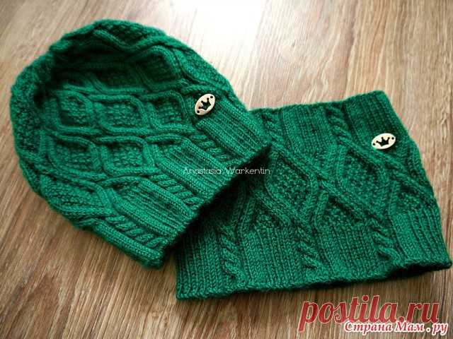 Вязаная шапочка и снуд для малышей 

Шапка 

Используемые материалы: 
- Пряжа Nako Bambino 75% акрил, 25% шерсть, 130м/50г, расход 1,5 мотка. 
- Круговые спицы №2,5 на резинку и № 3,5 на основной узор, 2 вспомогательные спицы (ВС) для кос. 

Шапочка вяжется по кругу. Размер 3-5 лет (обхват головы 51-54 см). Высота шапочки 21 см. 

Описание: 
На круговые спицы №2,5 набрать 154 петли, сомкнуть ряд и вязать по схеме №1 5,5 см (23 ряда). Раппорт узора №1 и №2 22 петли. 

Слове...