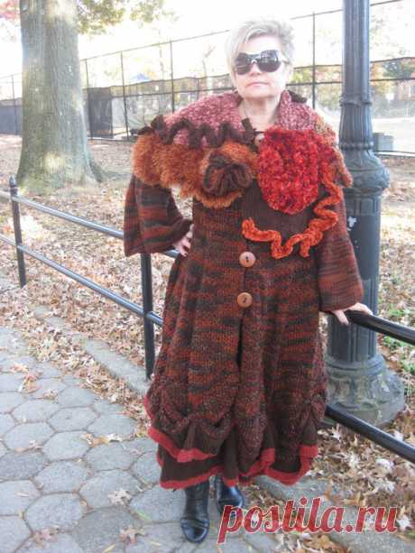 SALE! Limited time only! 30% off!  HandKnitted Winter sweater Coat  jacket in autumn colors Sale! This gorgeous hand knitted winter coat is a real piece of art!!!!! You will never regret to buy it! Has 2 layers -very very warm. Autumn colors-brown,red,orange, rust; various combination of silk, chenille, fluffy yarns creates a fur look effect! Free form huge collar Size: from Small to Large. Ask me for measurements.
