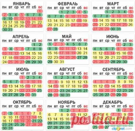 2017 год. Зеленые - благоприятные дни, желтые - убывающая луна, красные - неблагоприятные дни для посадки/пересадки.