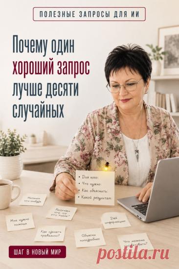 Если ответ ИИ получился слишком общим, не спешите задавать новые вопросы наугад. Часто полезнее сначала яснее сформулировать задачу: указать, что именно вы хотите получить, и добавить важные условия. Например: «Предложи 3 простых ужина на двоих из курицы и овощей, до 30 минут». Чем понятнее задача, тем полезнее может быть ответ ИИ. Сохраните этот пин, чтобы перед следующим запросом вспомнить простой принцип: сначала цель — потом вопрос.