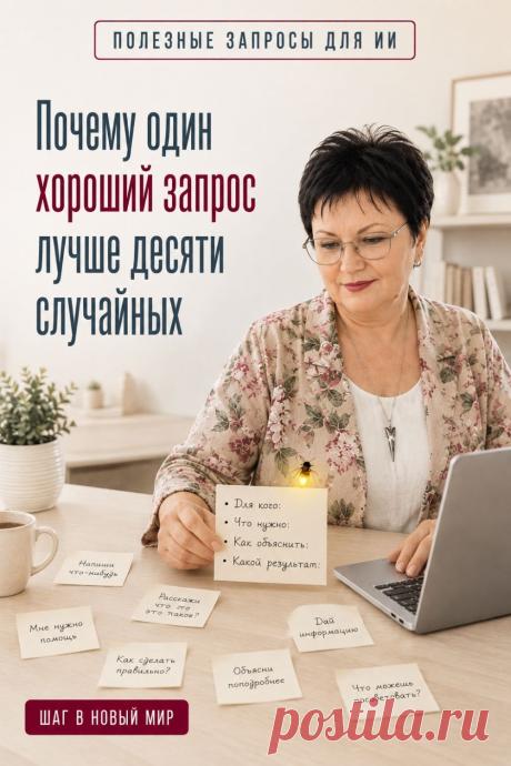 Если ответ ИИ получился слишком общим, не спешите задавать новые вопросы наугад. Часто полезнее сначала яснее сформулировать задачу: указать, что именно вы хотите получить, и добавить важные условия. Например: «Предложи 3 простых ужина на двоих из курицы и овощей, до 30 минут». Чем понятнее задача, тем полезнее может быть ответ ИИ. Сохраните этот пин, чтобы перед следующим запросом вспомнить простой принцип: сначала цель — потом вопрос.
