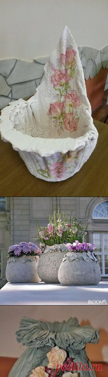 OLLA, PUCHERO DE CERAMICA, DECORADO DE TELA Y FLORES