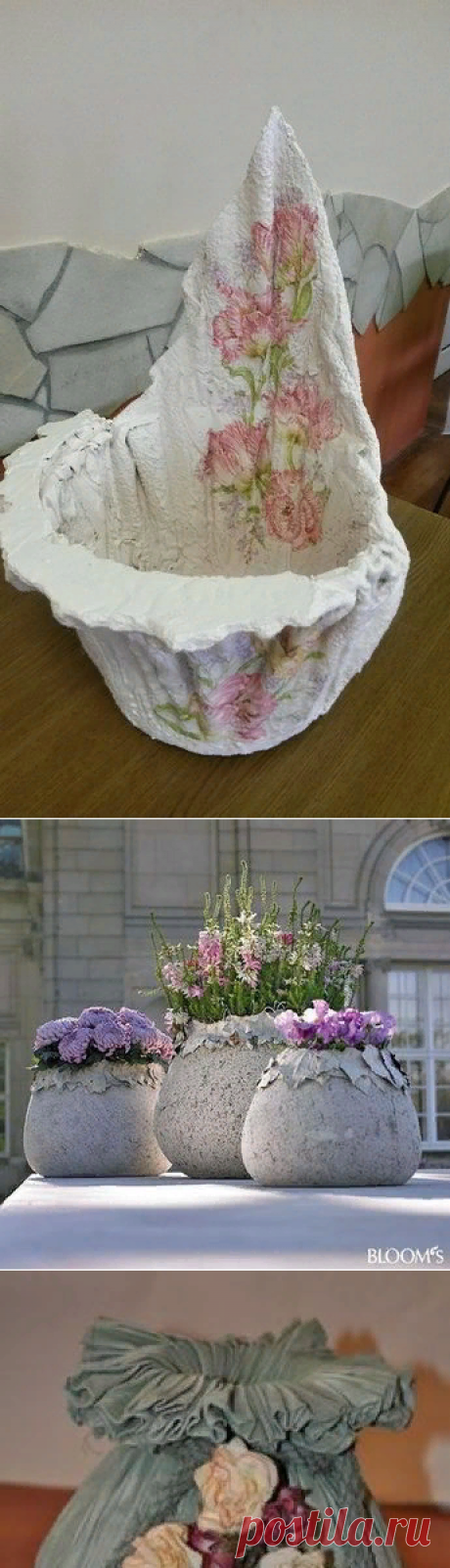 OLLA, PUCHERO DE CERAMICA, DECORADO DE TELA Y FLORES