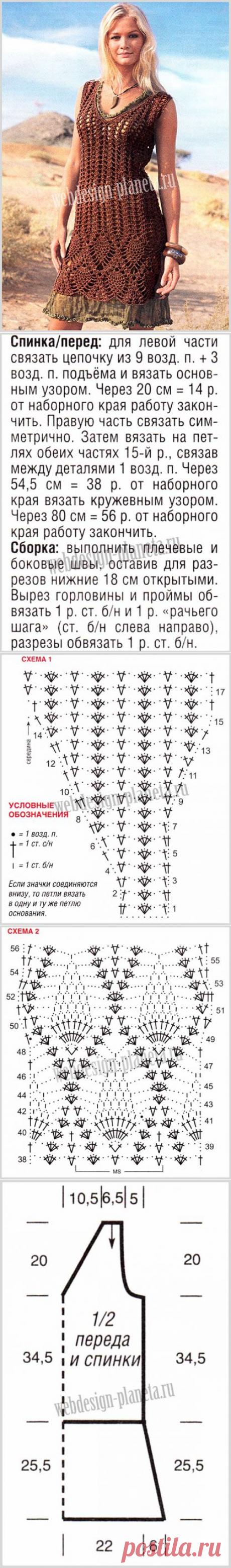 Ажурная коричневая туника крючком | Вязание спицами, вязание крючком | Мир увлечений современной женщины.