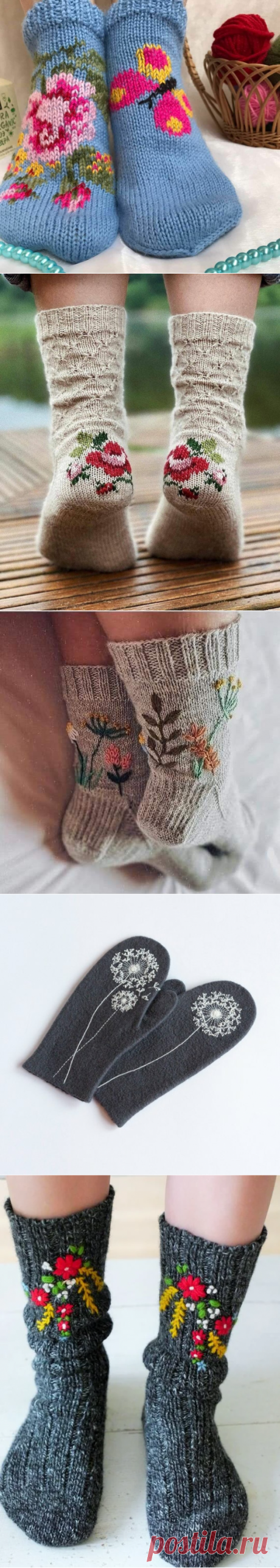 Вышивка на вязаных изделиях. Носки и варежки. Идеи для вдохновения! | Вязание с Irina Bronya | Дзен