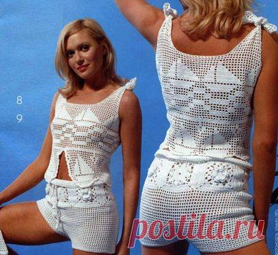 Комплект для пляжа в филейной технике схема. Шорты и майка для пляжа крючком |