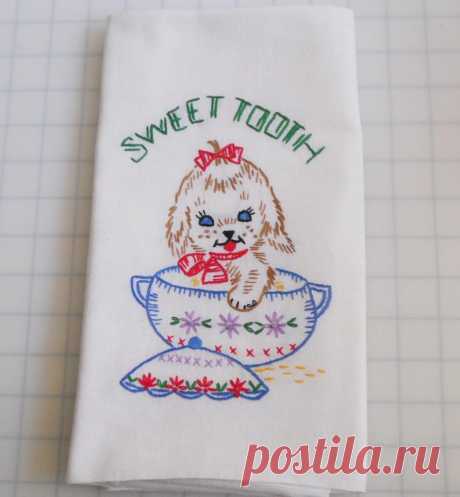Винтажная Сладкоежка щенка в сахарница вышитые муки мешок кухонные полотенце | eBay