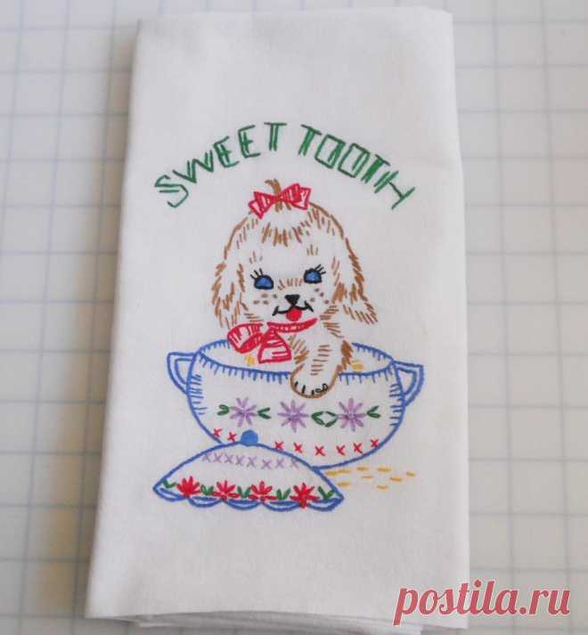 Винтажная Сладкоежка щенка в сахарница вышитые муки мешок кухонные полотенце | eBay