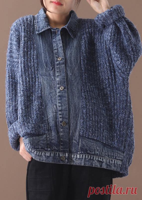 Женский синий свитер, блузка с воротником с лацканами, лоскутный свитер оверсайз – SooLinen