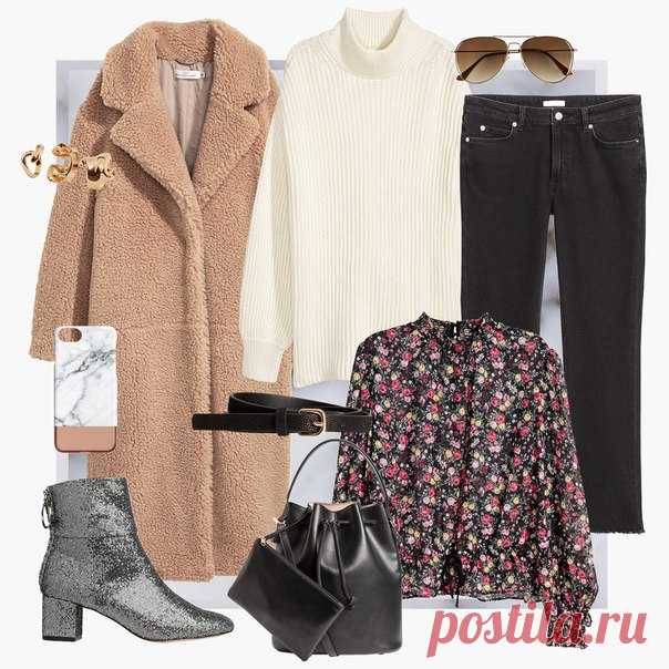 Сочетайте в одном образе различные оттенки, материалы и принты! Так, уютное бежевое пальто будет отлично смотреться вместе с оригинальными ботильонами цвета металлик и объемным трикотажным свитером с высоким горлом. Не бойтесь экспериментировать! #HM