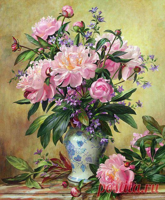 Картина маслом Розовые пионы в голубой вазе в интернет-магазине Ярмарка Мастеров по цене 25000 ₽ – LWPAORU | Картины, Самара - доставка по России