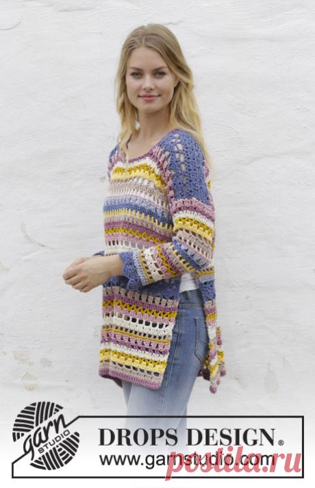 Quartier Latin / DROPS 187-24 - Free crochet patterns by DROPS Design Jumper with stripes, lace pattern, long vent and ¾ sleeves, crocheted top down. Size: S - XXXL Piece is crocheted in DROPS Paris.