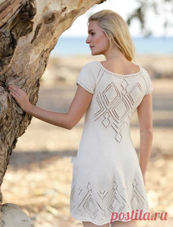 Летнее платье реглан Фелисе с узорчатыми ромбами из славянских оберегов спицами – схемы вязания с описанием