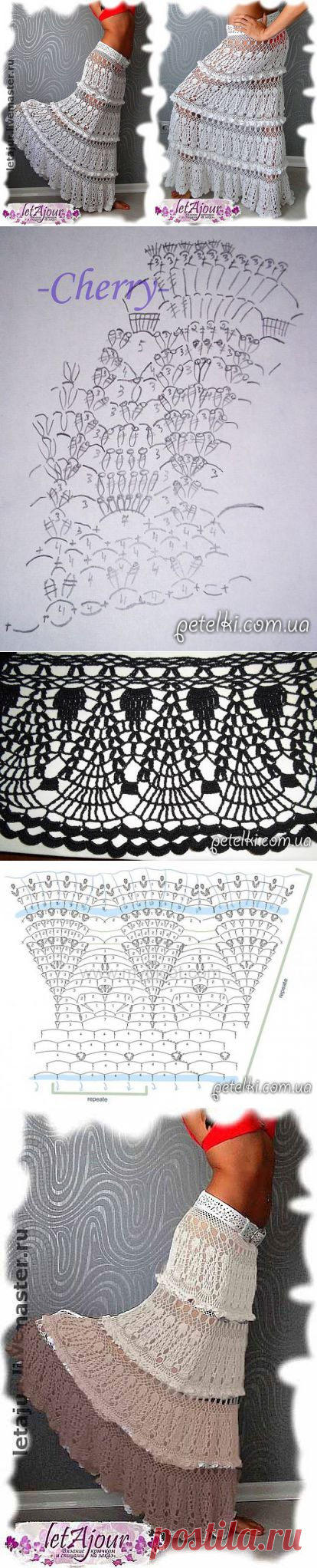 Шикарная длинная юбка ярусами крючком "Каскады белоснежных облаков"