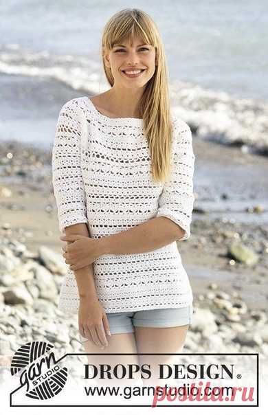 Джемпер Seashore Bliss от DROPS Design
Размеры: S-M-L-XL-XXL-XXXL
Материалы: пряжа DROPS Muskat 500-550-600-650-700-750 г цвета №18, белый.
Крючок №4, или необходимого размера для достижения плотности18 ст. с н. * 9 р. = 10*10 см
Используемые приемы вязания:
Узор: см. схемы А.1 – А.4. На схеме А.4 показаны начало и конец кругового ряда.
Заменять первый ст. с н. в начале каждого ряда ст. с н. 3-мя возд. п. Заканчивать круг 1 соединит. ст. в цепочку из возд. п. в начале ряд...