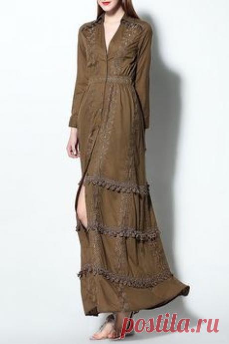 Retro Embroidery Shirt Collar Long Sleeve Fringes Dress