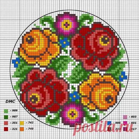 a cross stitch pattern with red and yellow flowers in the center on a white background