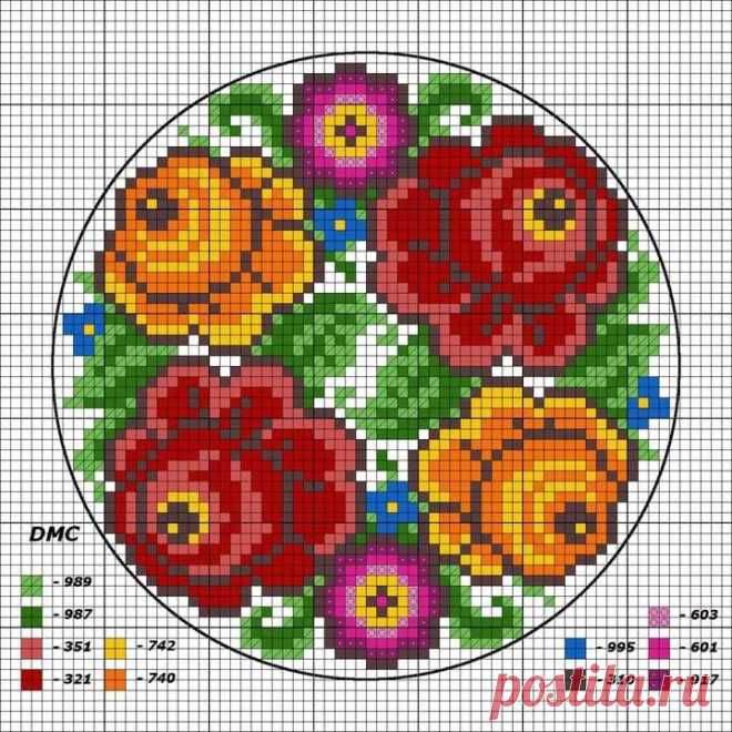 a cross stitch pattern with red and yellow flowers in the center on a white background