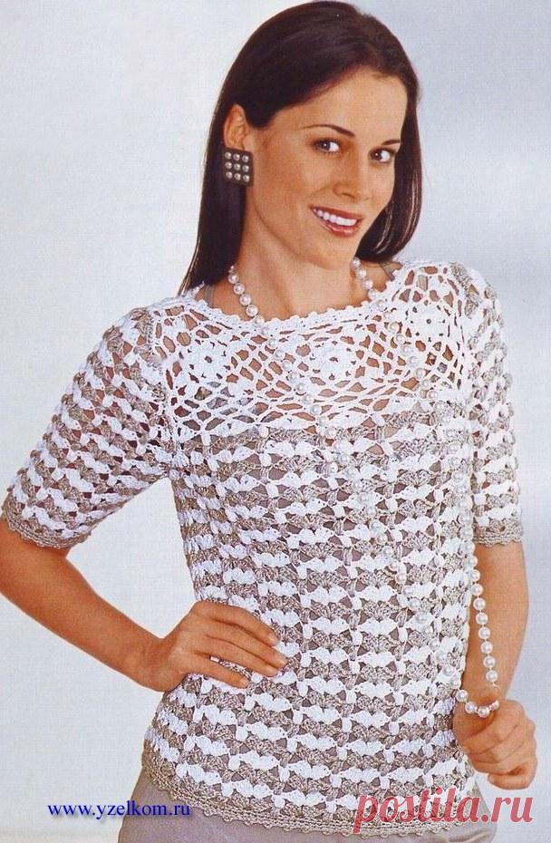 Романтичная блуза с жабо и каймой из мотивов Ажурная блуза из цветочных мотивов Ажурная блуза на кокетке из цепочек Ажурная блуза на кокетке связанной по кругу Блуза филейной сеткой с ажурными вставками Ажурная розовая блуза на круглой кокетке Ажурная цветная блуза на кокетке из мотивов Блуза из кружевных розеток Ажурная блуза из двух цветов Блуза с вертикальными ажурными полосами