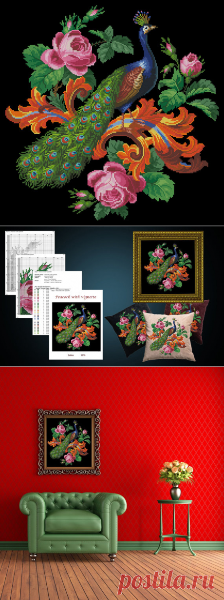 Peacock with vignette vintage cross stitch от MagicOfNeedle