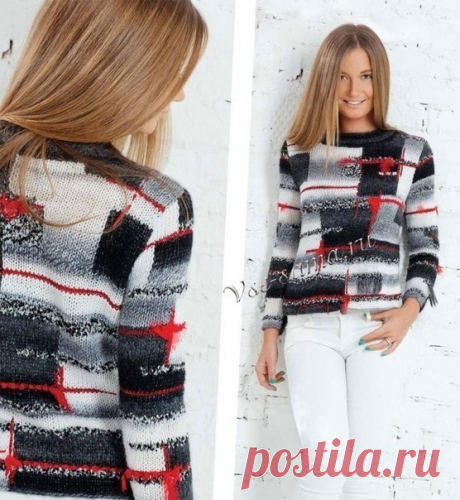 Пуловер 
Пуловер в технике интарсия 

Модель Олеси Данилюк
Размер 44-46
Модель выполнена спицами.
Вам потребуется:
70 г пряжи «Аморе» (40 % шерсть, 40 % акрил, 20 % нейлон, 300 м x 100 г, цвет 3622 (мулине черн./суров.)),
100 г пряжи «Азалия» (40 % мериносовая шерсть, 60 % акрил, 270 м x 100 г, цвет 2570 (мулине отбн./черный.)),
20 г пряжи «Княжна» (30% альпака 70% акрил, 300 м x 200 г, цвет 1994 (меланж черн./отб.)),
50 г пряжи «Вдохновение» (50 % метанит,50 % акрил, 50 г...