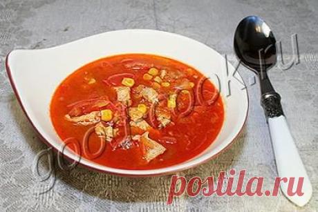 Хорошая кухня - куриный томатный суп с перцем и кукурузой. Кулинарная книга рецептов. Салаты, выпечка.