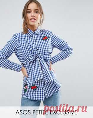 ASOS PETITE Gingham Shirt With Bow Front And Badges at asos.com Discover Fashion Online