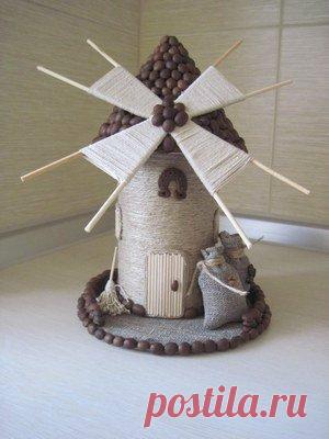 Мельница из шпагата и кофейных зерен. Мастер-класс