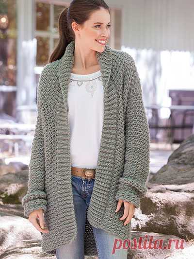 Weekend Casual Hooded Sweater Crochet Pattern Design is made using 12 (14, 15, 16, 17) skeins of #3 Berroco Vintage Chunky bulky-weight yarn and size K/10 1/2/6.5mm crochet hook. Model is stitched in color #6199 sage. Finished Measurements: Bust: 35
