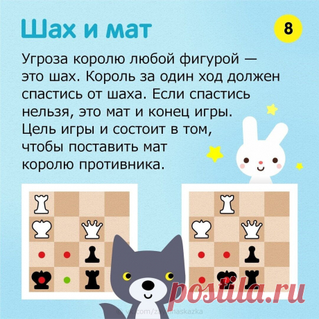 ПРАВИЛА ИГРЫ В ШАХМАТЫ ЗА 15 МИНУТ 
Обучающие кapточки

Научите детей играть в шахматы. Нужно всего лишь запомнить ходы шести фигур и несколько простых правил.

Все фигуры, кроме коня, передвигаются по прямой линии. При этом нельзя перепрыгивать через другие фигуры — ни свои, ни чужие. Только конь это может делать.

При ходе на поле, занятое чужой фигурой, она снимается с доски.