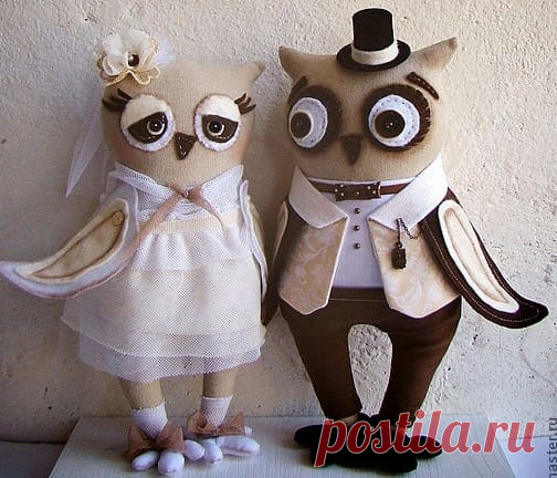 Совиная свадьба. Выкройка совушек - Handmade-Paradise Совиная свадьба. Выкройка совушек. Изумительные совушки - жених и невеста сшиты из льняной хлопчатобумажной ткани. Для глазок можно использовать флис, фетр