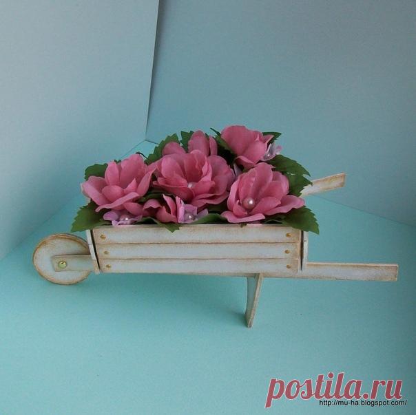 МАСТЕР КЛАСС : Тележка с цветами 

Для изготовления вам потребуется:
2 листа бумаги для черчения или подходящей по плотности
Картон переплётный толстый около2 мм
Белая акриловая краска
Брадс в виде гвоздиков или контур для стекла золотой для имитации шляпок гвоздей
Немного скрап бумаги
Декоративные цветы и листики
Бусинки или половинки жемчужинок
Клей или двухсторонний скотч.
Небольшой кусочек ленточки.
1.По схеме вырезаем необходимые детали
2.Все картонные детали хорошо п...