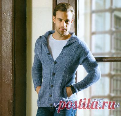 Мужской жакет спицами с планками вдоль переда
