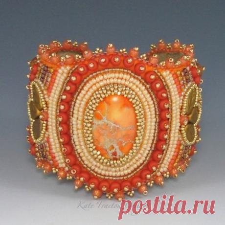 "Orange Crush" Cuff · (Size: 6.5" x 2.5") · $400sea sediment jasper, glass seed beads, ultrasuede, brass, Czech glass beads, gold-plated seed b…