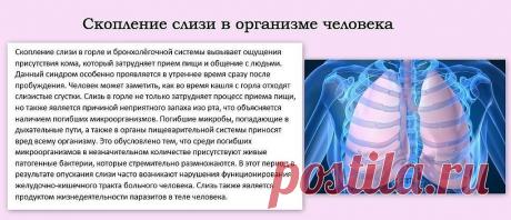 СКОПЛЕНИЕ СЛИЗИ В ОРГАНИЗМЕ ЧЕЛОВЕКА !!!  **Отсюда, и болезни: Аденоиды, Ангина, Астма, Бронхит, Воспаление лёгких, Грипп, Катар, Кашель, Ларингит, Простуда, Ринит. *Стоп! -большое кол-во хлеба, сахара, картофеля, круп очищенных, мяса, жареной пищи, и молочных продуктов -накопление отбросов с кисл/реакцией, и образование слизи!..