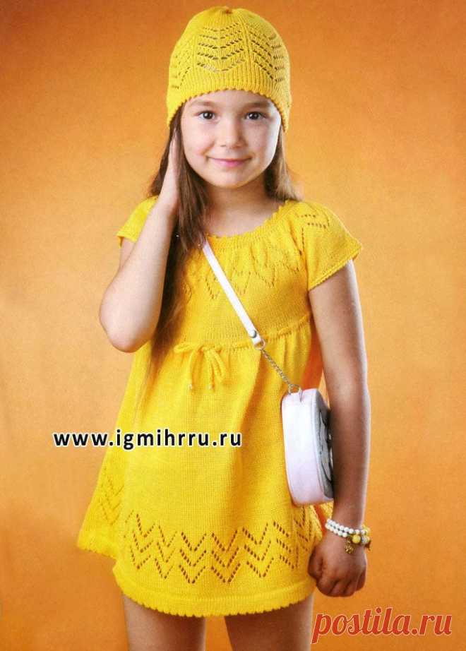 Желтое летнее платье-туника и шапочка для девочки 4-5 лет. Спицы