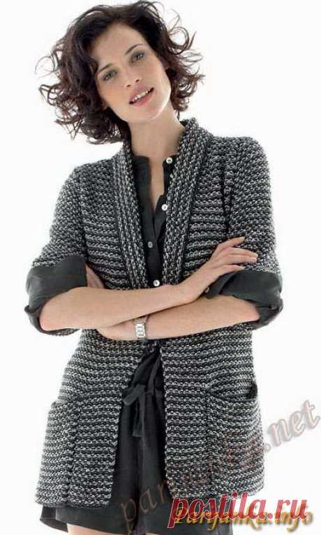 Двухцветный кардиган с воротником "шалька" и накладными карманами (PHILDAR № 1278). Спицами. Размеры: 34/36 - 38/40 - 42/44 - 46/48 - 50/52. / parijanka.info