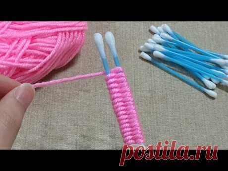 Amazing Woolen Flower Craft Ideas with Cotton buds - Easy Rose Making - Hand Embroidery Design Trick
