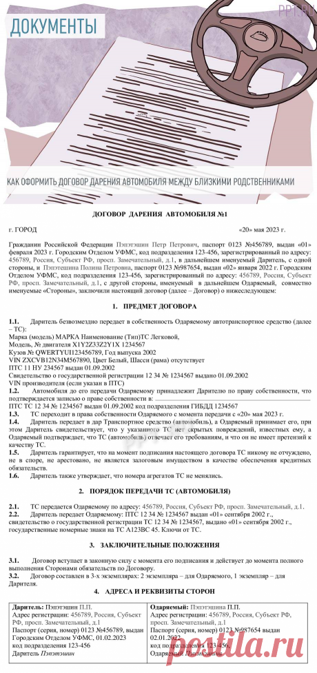 Договор дарения автомобиля между близкими родственниками: образец заполнения в 2023 году
