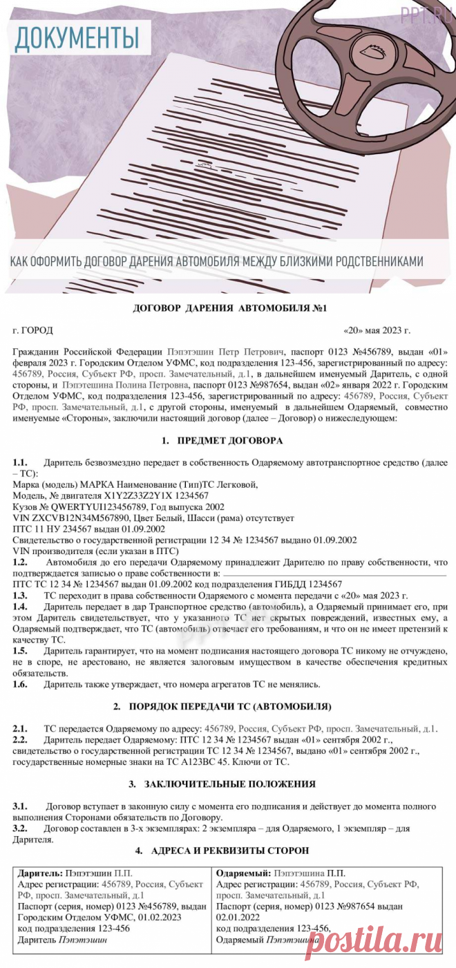 Договор дарения автомобиля между близкими родственниками: образец заполнения в 2023 году