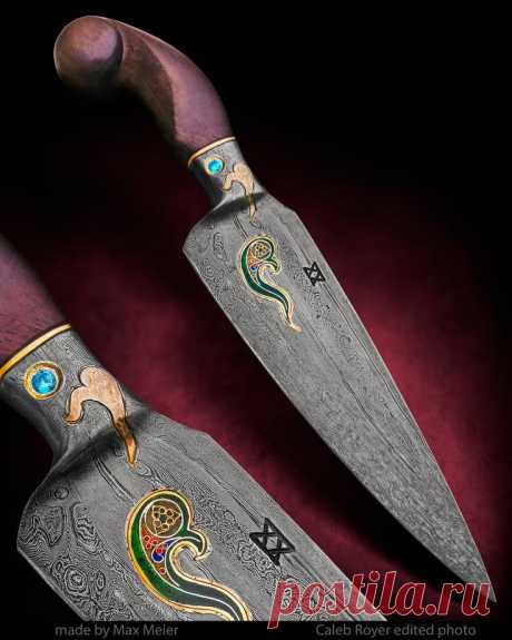 Нож от Max Meier. Дамасская сталь. Всечка золотом. Эмаль.