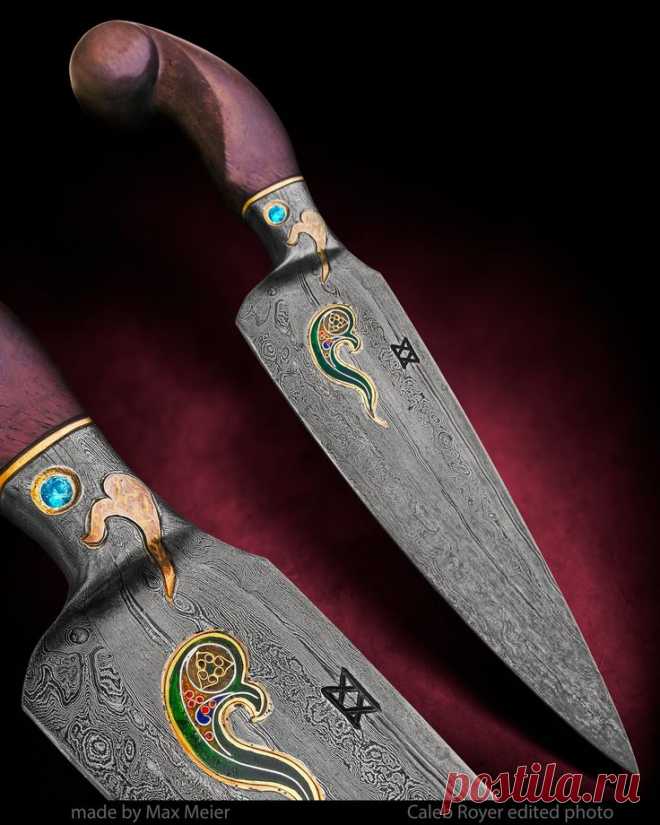 Нож от Max Meier. Дамасская сталь. Всечка золотом. Эмаль.