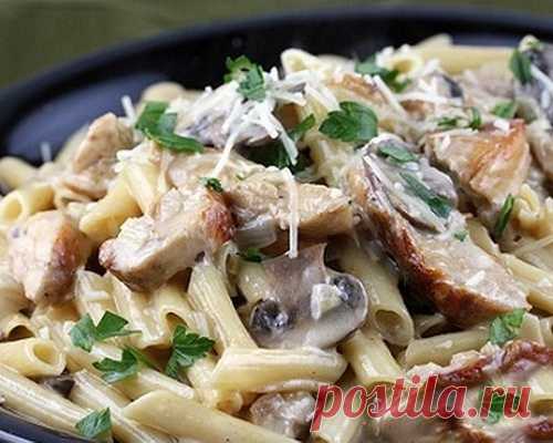 Макароны с грибами и куриным филе