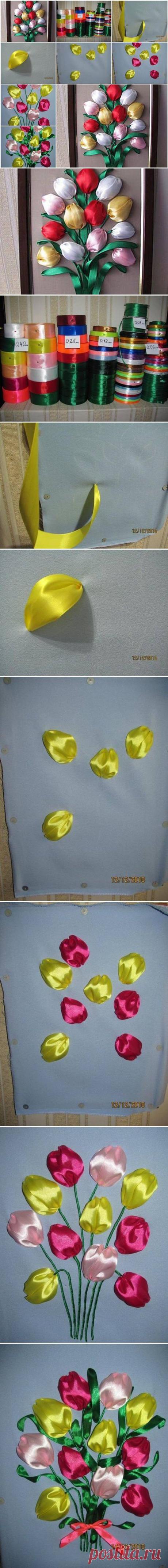DIY Colorful Satin Ribbon Tulips | iCreativeIdeas.com