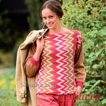 Пуловер связанный поперек с жаккардовым узором — Shpulya.com - схемы с описанием для вязания спицами и крючком