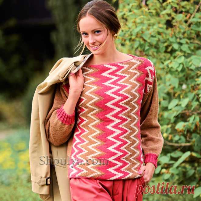 Пуловер связанный поперек с жаккардовым узором — Shpulya.com - схемы с описанием для вязания спицами и крючком
