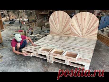 DIY - Amazing How To build A King Size pallet Bed Extremely Simple and Beautiful // Woodworking