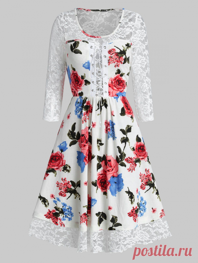 [38% OFF] 2020 Fit And Flare Lace Panel Floral Print Dress In WHITE | DressLily