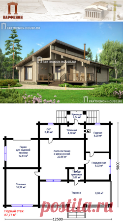 Проект гостевого дома из клееного профилированного бруса МКБ 87-77
Площадь застройки: 128,88 кв.м.
Площадь общая: 87,77 кв.м.
Площадь дома: 85,38 кв.м.
Площадь жилая: 39,07 кв.м.
Площадь кровли: 185,66 кв.м.
Высота этажа: величина переменная (потолок подшивается по стропилам) от 2,340 м. до 4,970 м.
Высота дома в коньке от уровня земли: 6,555 м. 

Технология и конструкция: строительство дома из клееного бруса.